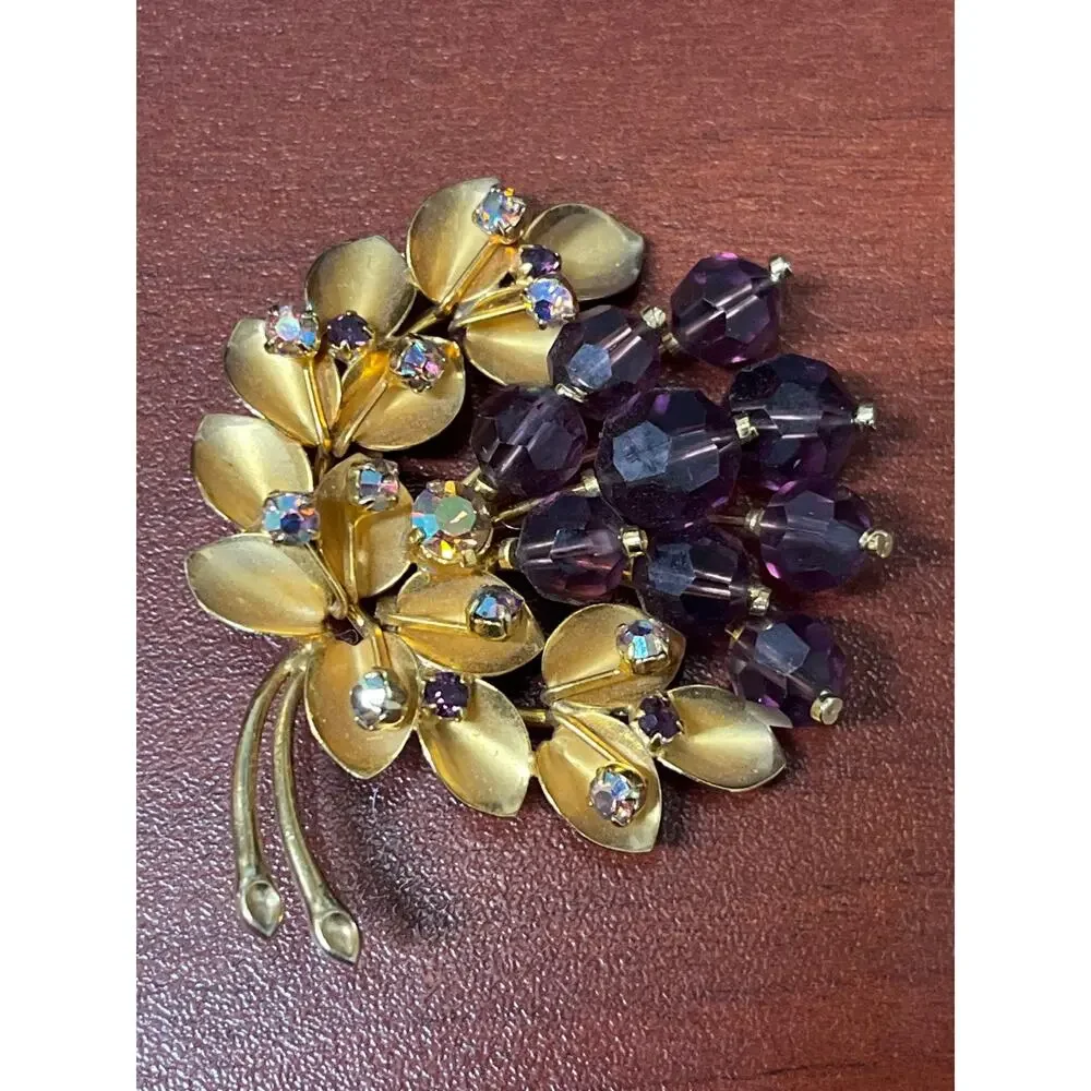 Vintage Purple Rhinestone Floral Spray Brooch, Prong Set, Made In Austria